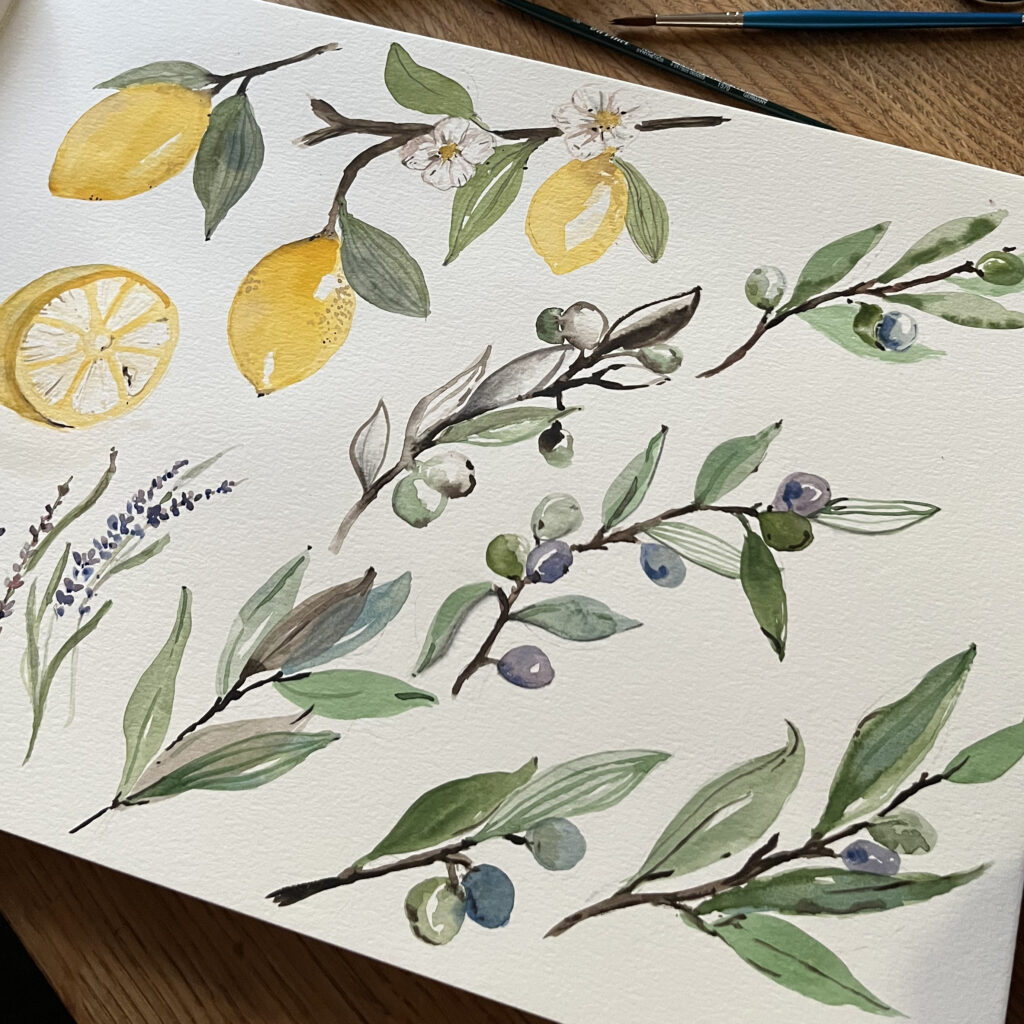 Übung Zitronen+Olivenzweig Blatt mit Übungen zu den Motiven Zitronen, Olivenzweige und Blättern