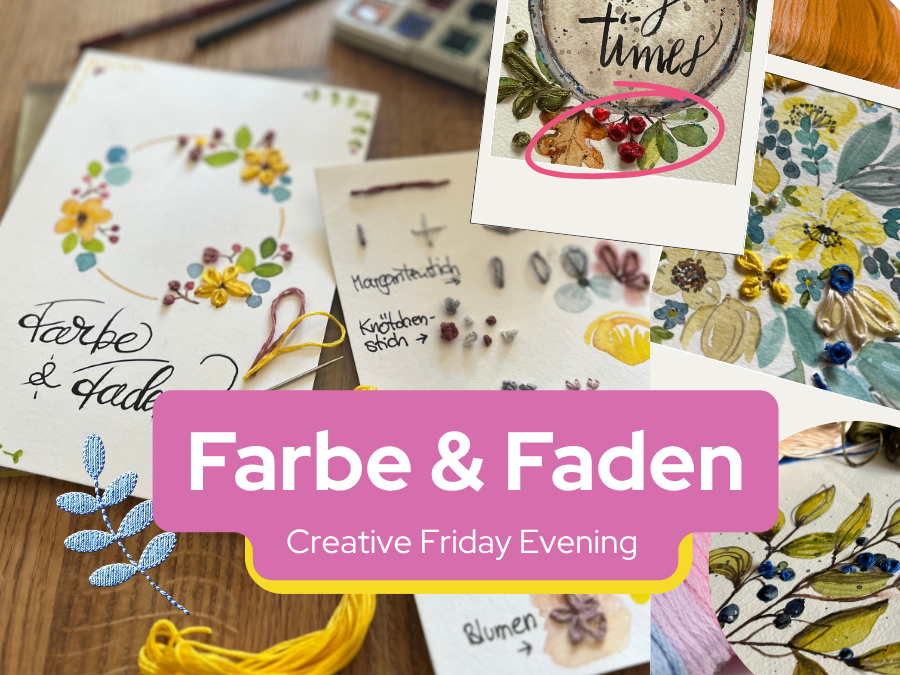 Werbekachel für den Workshop Farbe & Faden mit Stickmotiven
