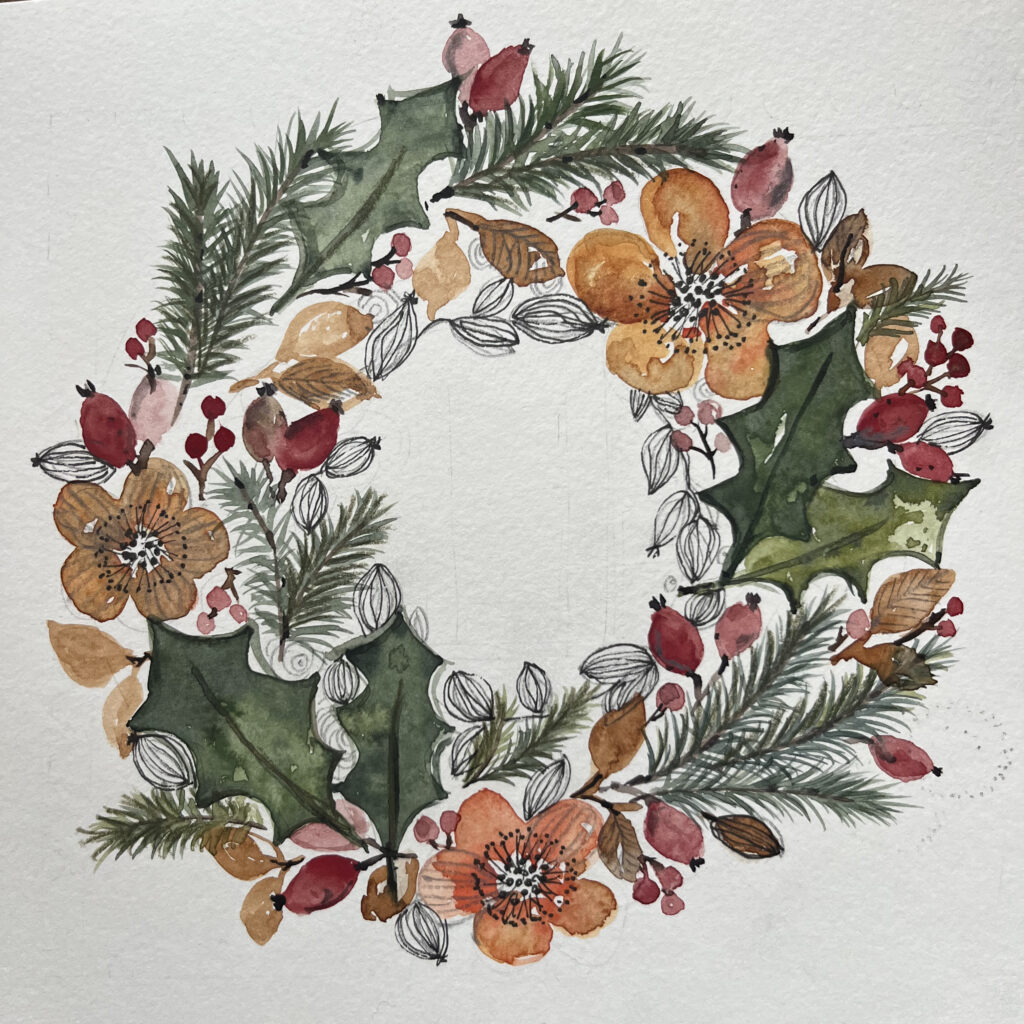 Herbstkranz Blumenkranz mit Blumen, Zweigen, Hagebutten und Blättern in warmen Orange-/Grüntönen