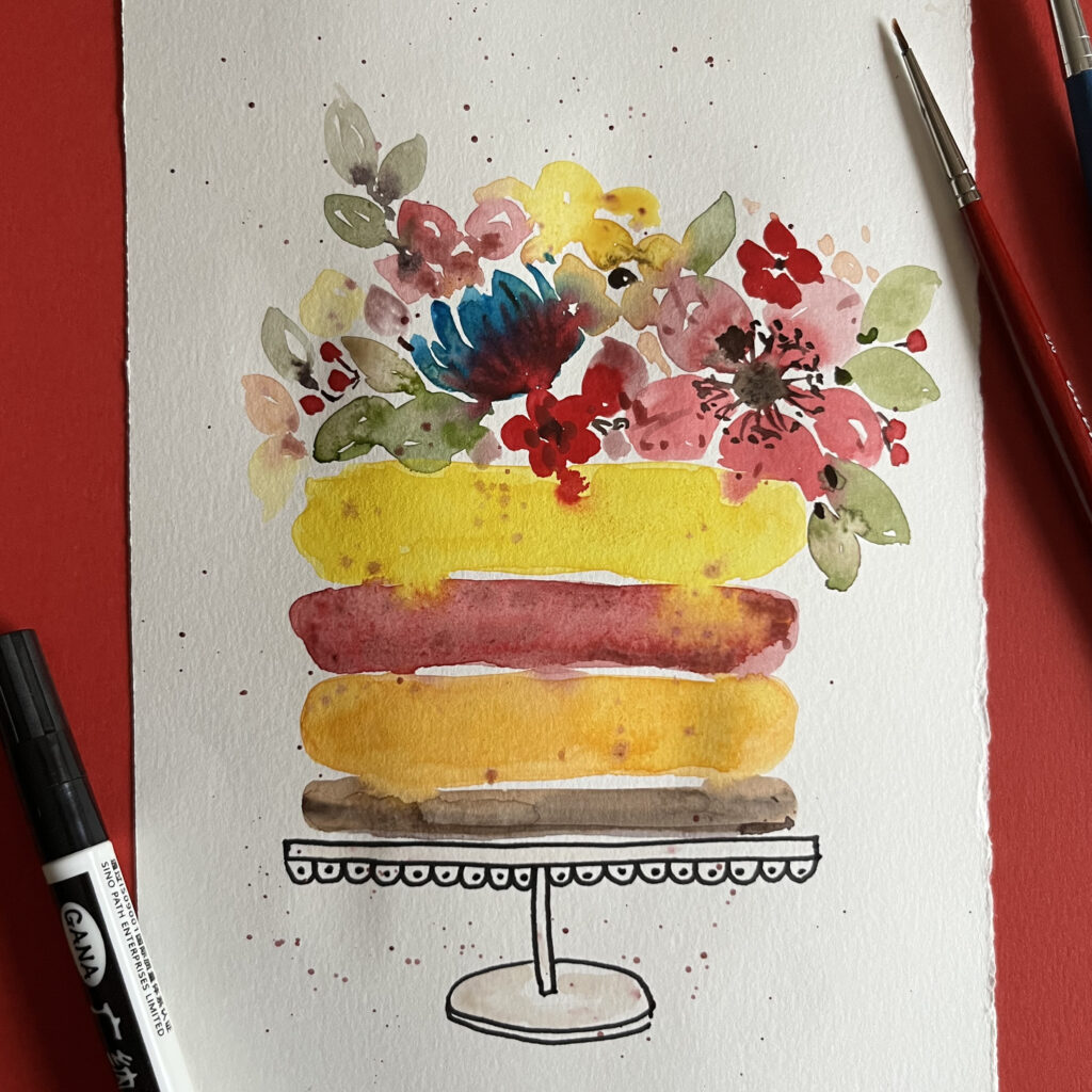 Aquarelltorte mit Blumen Aquarellbild einer geschichteten Torte mit Blüten