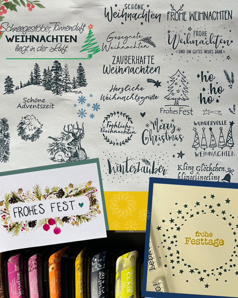 Weihnachtsstempel-Schrift-Karte-Stempelkissen Collage mit Weihnachtsstempel, Stempelkissen und zwei Karten
