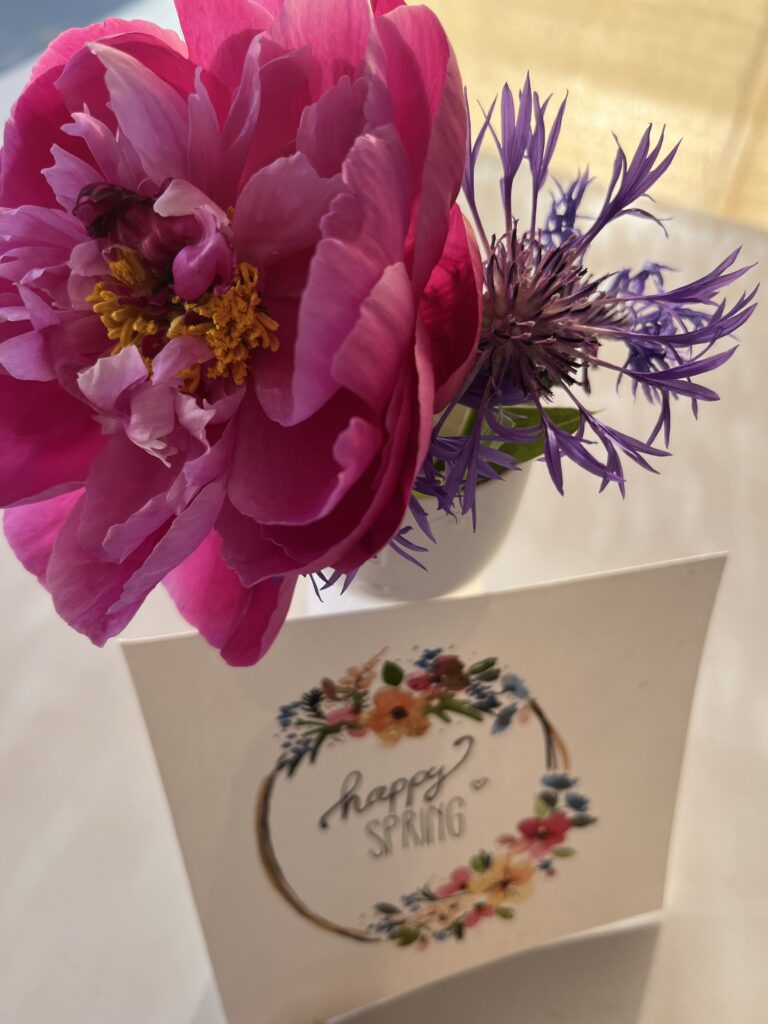 happy Spring Karte Blume in eiern Vase, davor eien Karte mit Blumenkranz und dem schriftzug "happy spring"