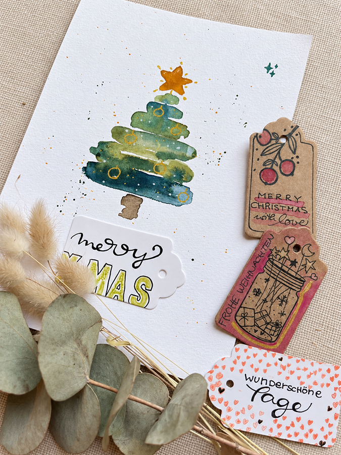 Weihnachstmotiv Tannenbaum-2 Abbildung einer gestalteten Weihnachstkarte und Etiketten