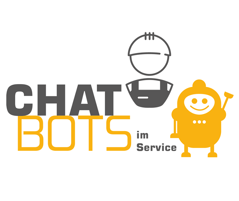 Logo in grau und Sonnengelb. Es zeigt eine Illustration eines Techniker mit Bauhelm und einen Roboter