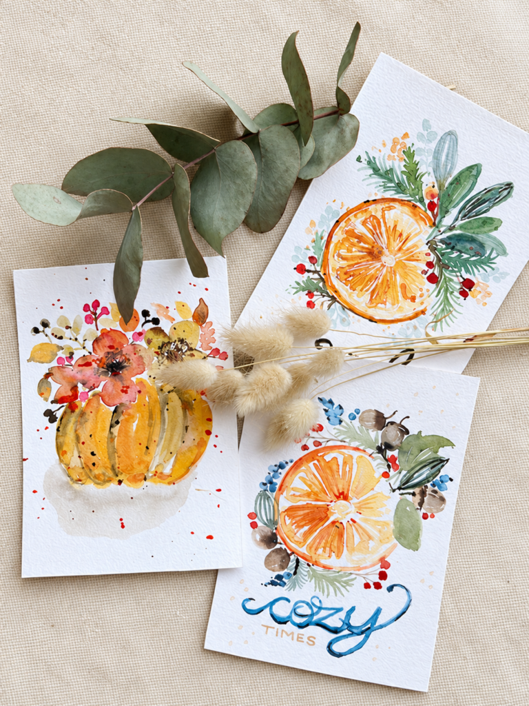 Herbst Kürbis- und Orangenmotiv. Komposition 3 herbstlicher Aquarellkarten