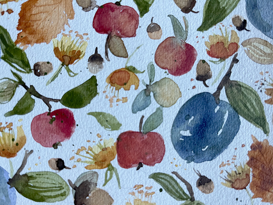 Herbstmotive Früchtemuster Muster mit Äpfel, Pflaumen, Blättern mit Aquarell gemalt