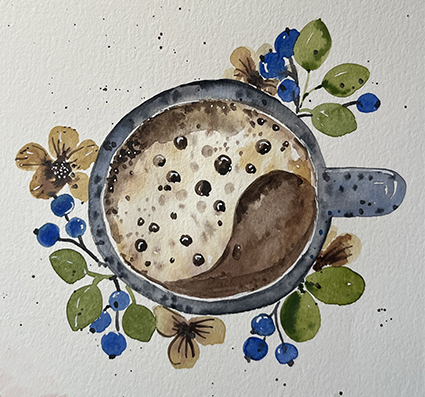 Kaffeetasse_mit Zweigen Kaffeetasse mit Zweigen in Aquarell