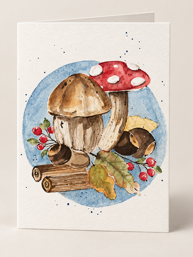Karte mit Pilz und blauem Kreis im Hintergrund Abbildung einer herbstlichen Karte mit Pilzen