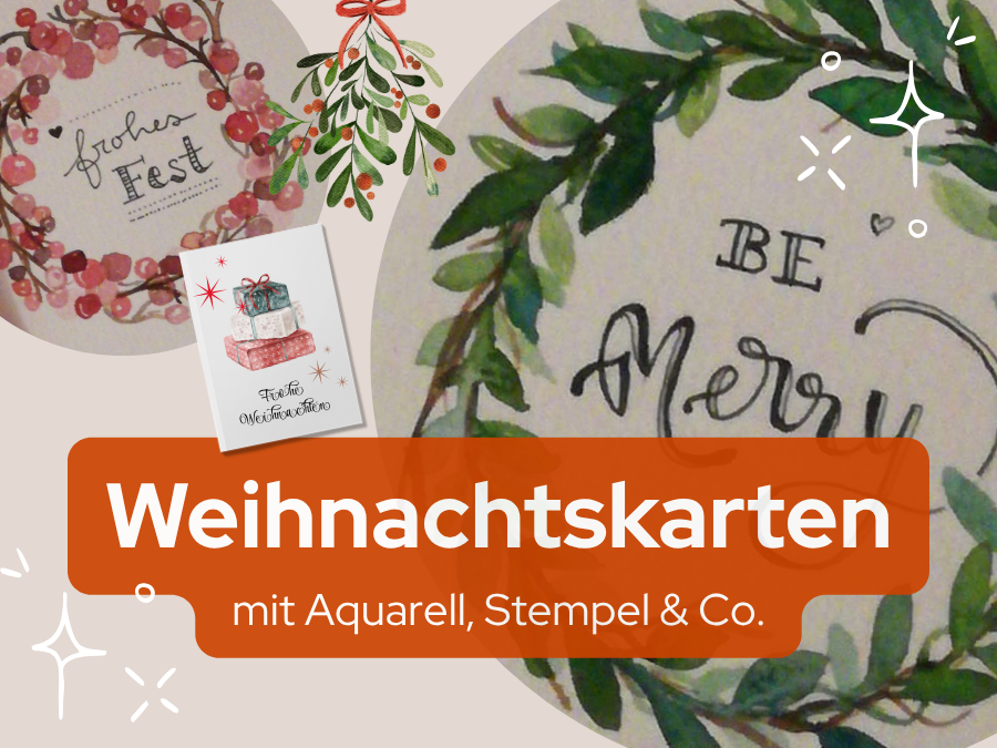 Werbekachel für den Workshop für Weihnachtskarten mit Aquarell, Stempel und Stiften